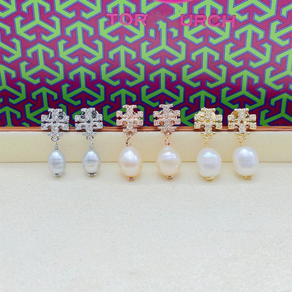 Tory Burch Micro Pave Natural Freshwater Pearl Drop Earrings